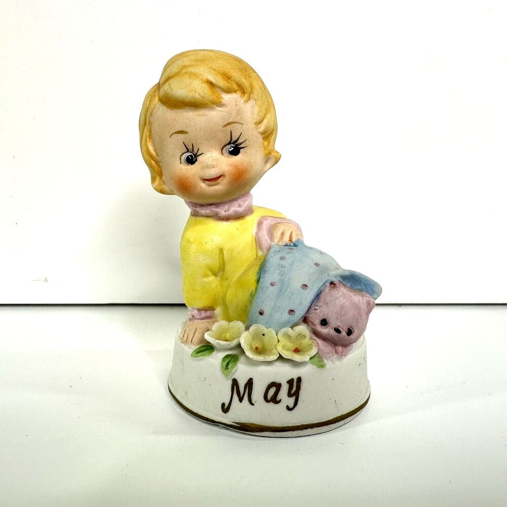 Napcoware May Baby Figurine C8978 Blonde‎ Brown Hair Girl Yellow Pajamas Cat Vtg